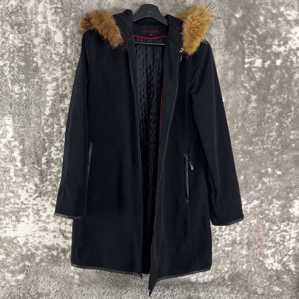 Anne Klein Size M Coyote Fur Faux Leather Trim Hooded Quilted Parka Jacket Black
